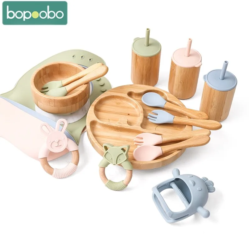 

7Pcs/Set Straw Cup Silicone Bowl Suction Bamboo Wooden Plate Adjustable Bib Wooden Spoon BPA Free Gift Box for Newborn Supplie