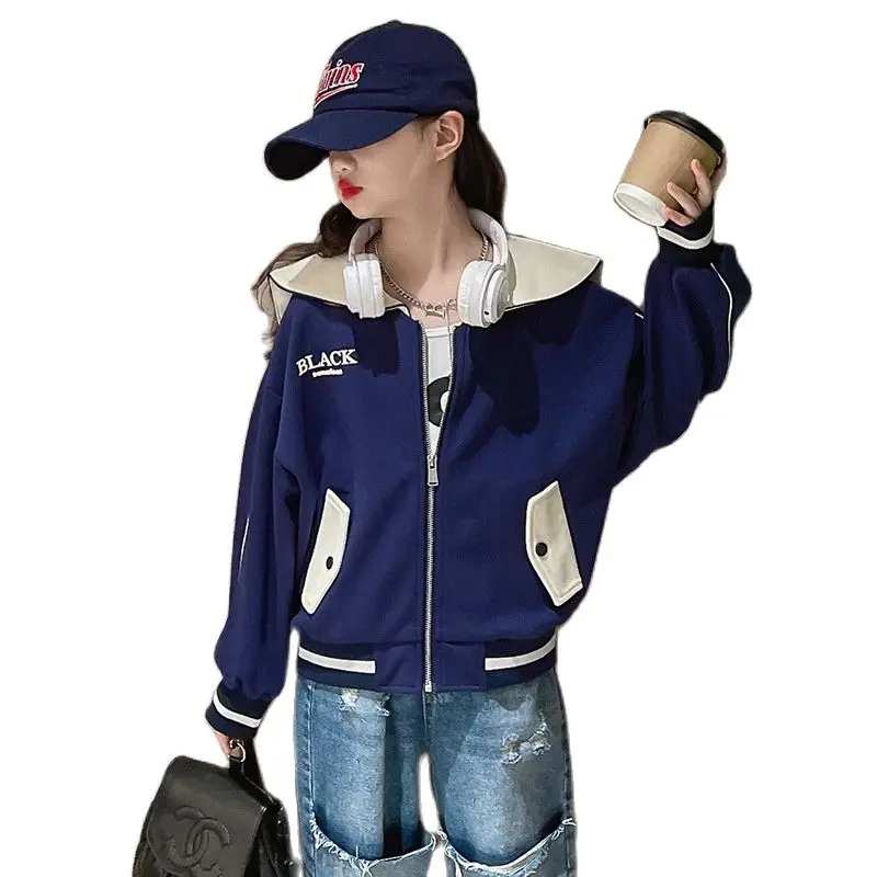 

Girls Outerwear Navy Collar Jacket Spring Autumn Fashion New Kids Clothes Casual Letter Print Patchwork Baseball Uniform 4-14 Y