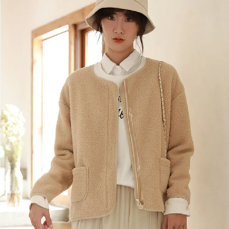 Женское шерстяное пальто свободное теплое короткое однотонный кардиган с