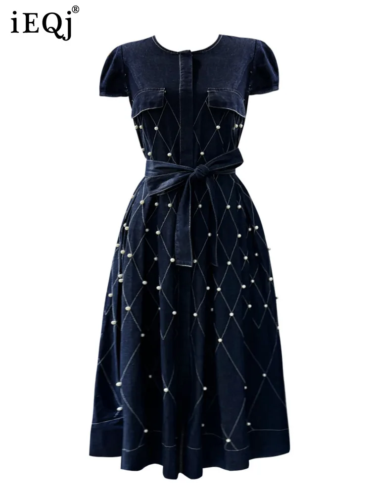Платье IEQJ с круглым вырезом и жемчугом 3D платье коротким рукавом для женщин