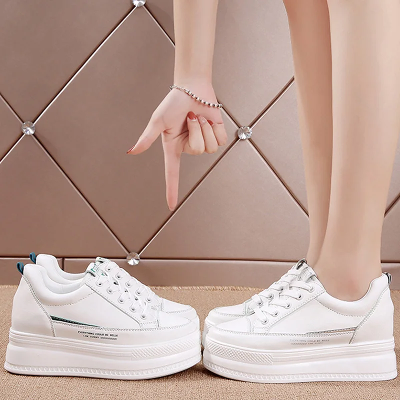 Platform 7cm Microfiber Leather Women Casual Shoes 2023 White Wedge Hidden Heel Shoes White Shoes Chunky Sneakers Skateboard