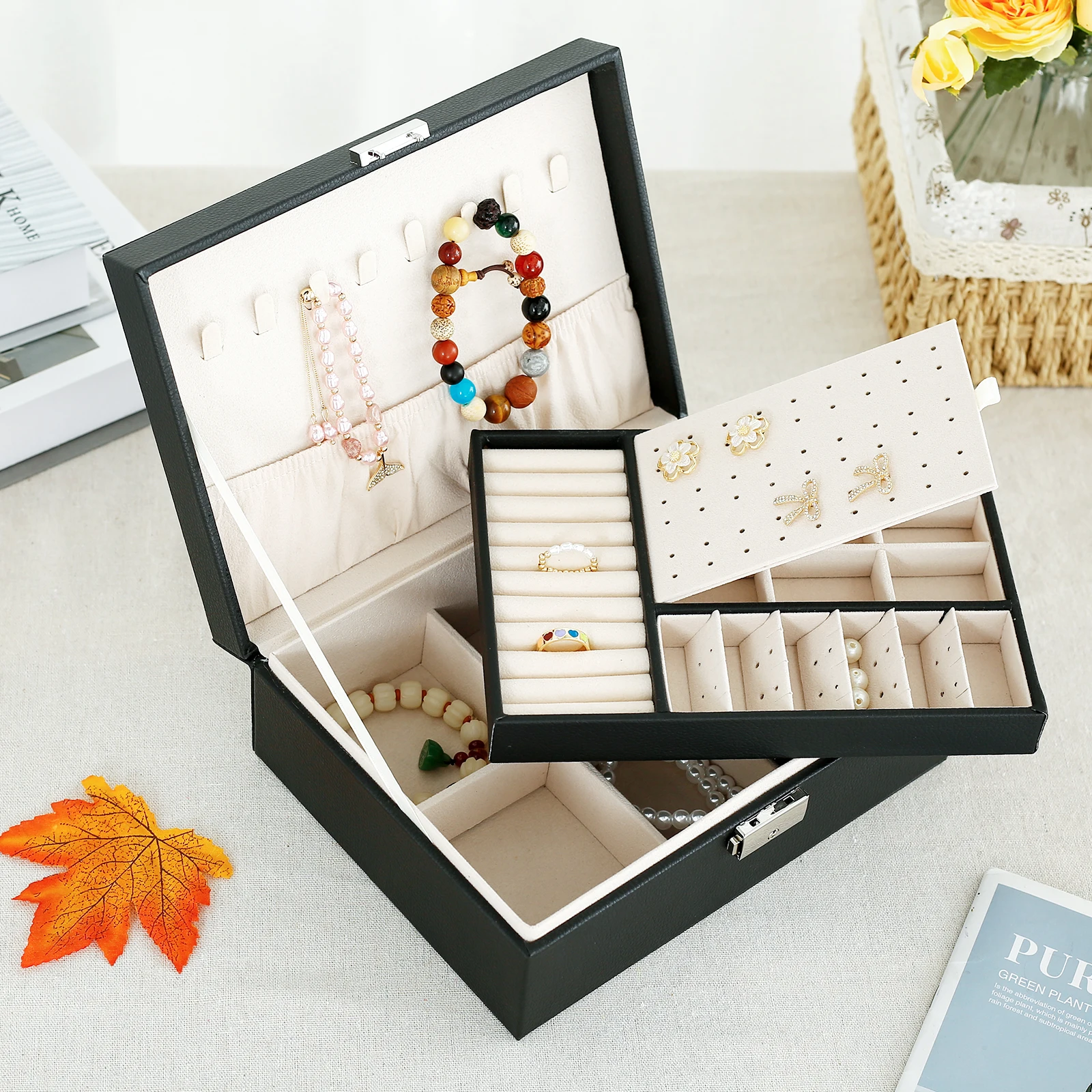 

Jewellery Box 2 Layer Lockable Jewelry Display Case Waterproof PU Leather Jewelry Storage Holder with Removable Dividers