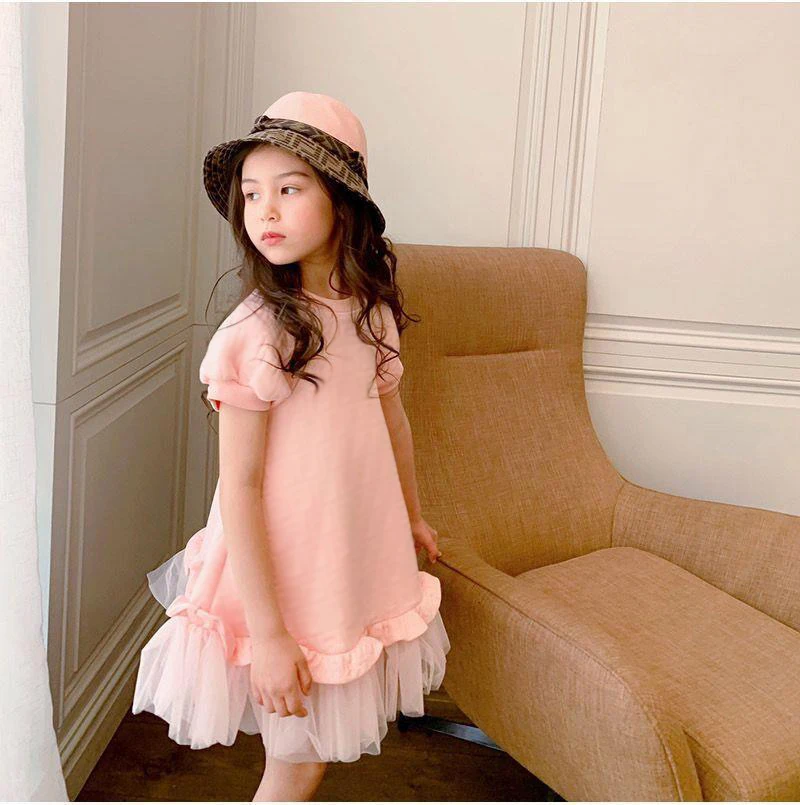 

2022 Spring and Summer New Child Girl Pink Western Style Medium and Large Girls Mesh Short Sleeve Princess Dress