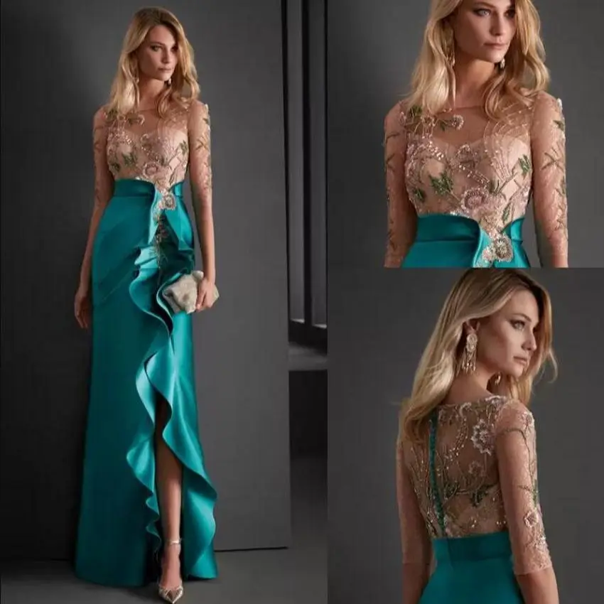 

Elegant formal mermaid prom Evening Dresses wear Beads O Neck Half Sleeves Side Split Women Formal Prom Gowns cocktail Party Dre