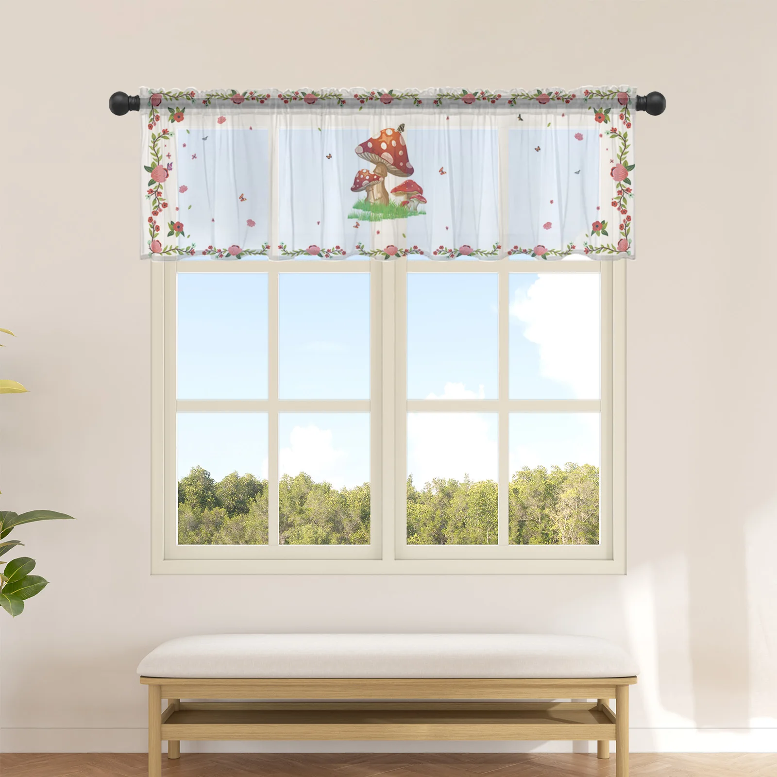 

Flower Butterfly Mushroom Short Tulle Curtain Half-Curtain for Kitchen Door Drape Cafe Small Window Sheer Curtains