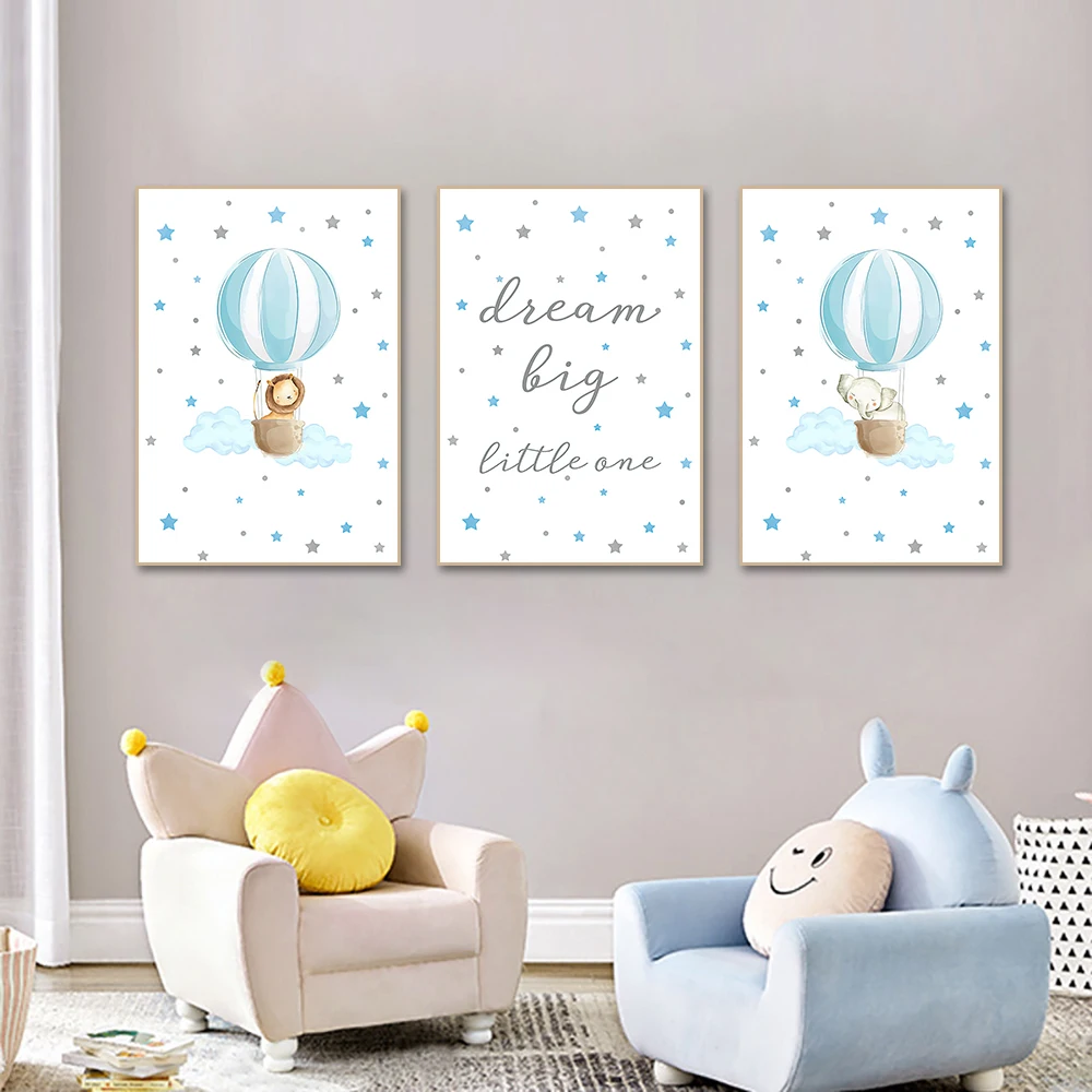 

Blue Balloon Elephant Lion Canvas Painting Cartoon Animal Posters Prints Baby Nursery Wall Art Nordic Kids Baby Bedroom Decor
