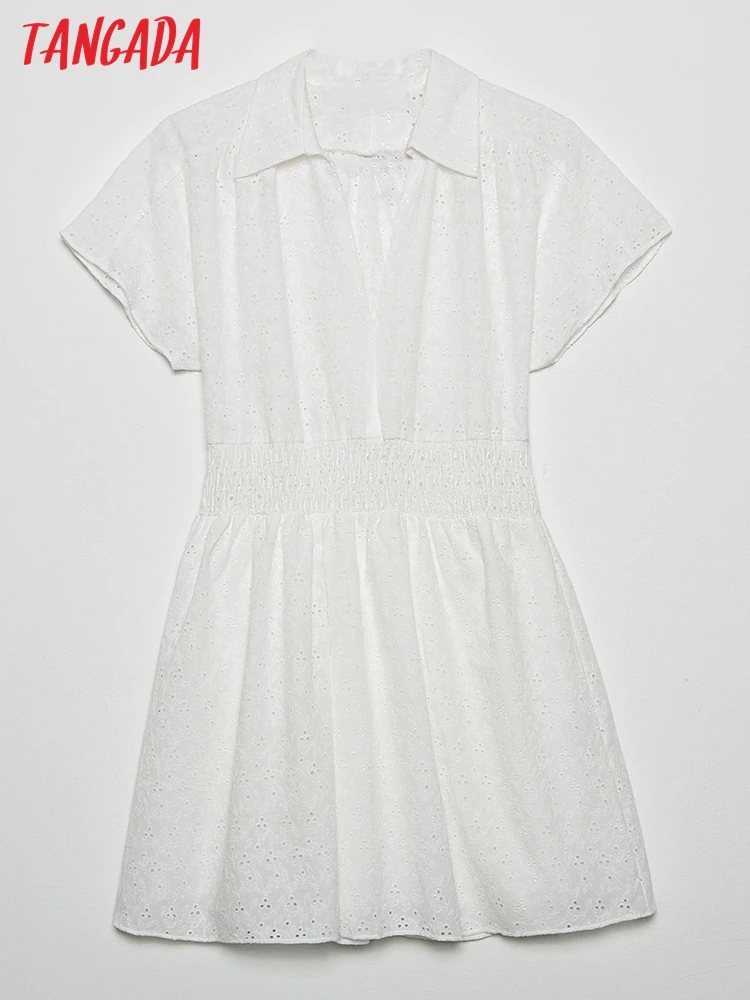 

Tangada Women Embroidery White Cotton Dress Short Sleeve Strethy Waist Females Mini Dresses Vestidos 6H78