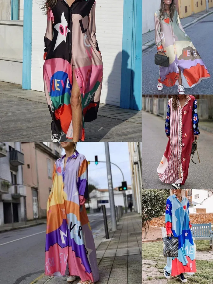 

New Fashion Long Sleeve Printed Shirt dress Long Dress