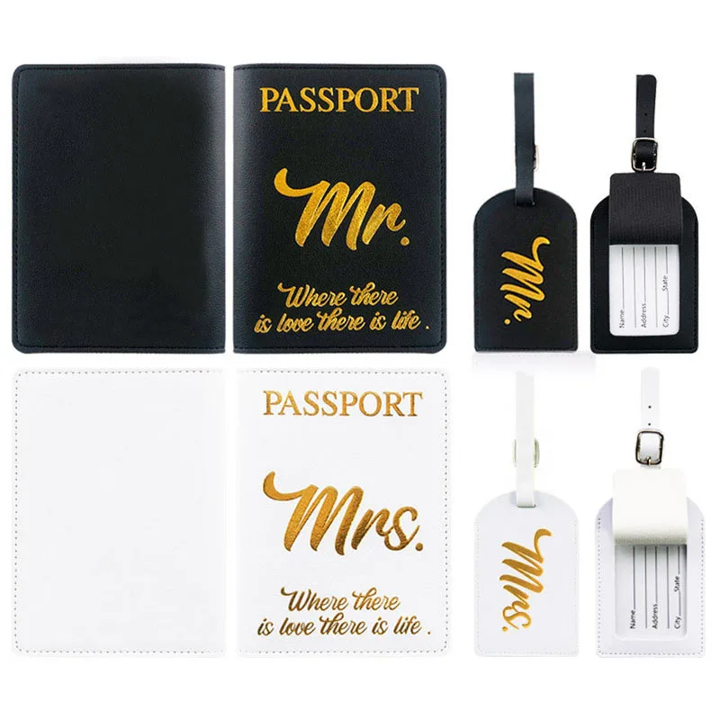 

PU Leather Black and White Couple Travel Baggage Tags Passport Cover Mr Mrs Gift Passport Holder Luggage Tag Set Portable Label