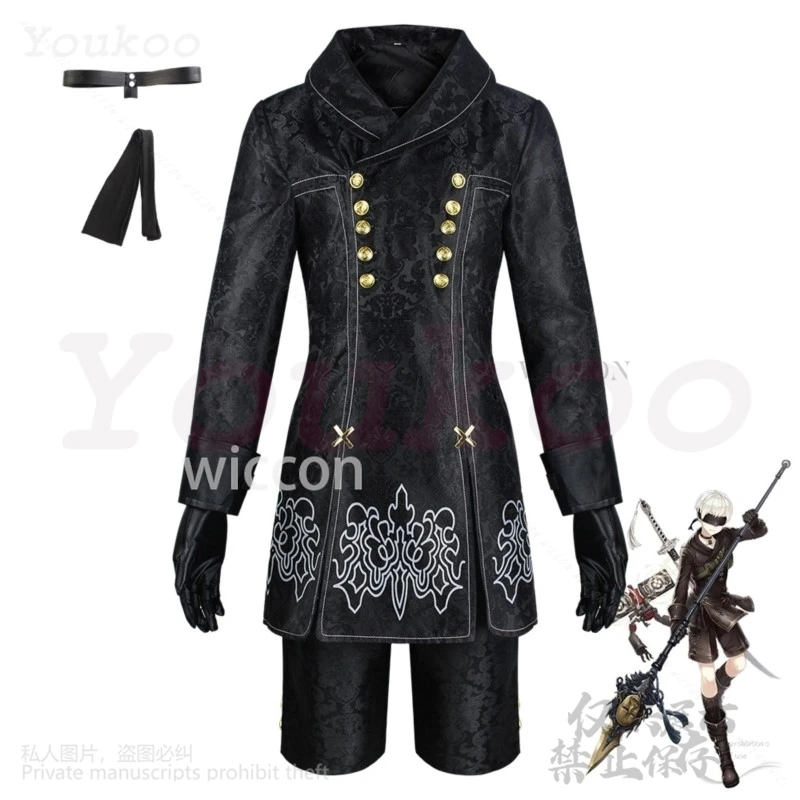 Аниме Nier Automata 9S Yorha Косплей Костюм Черное Готическое Пальто Брюки Униформа Парики