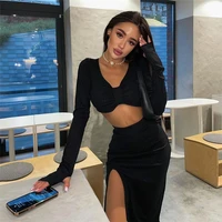 v neck fashion personality t shirt skinny slit skirt two peice set 2022 new bow long sleeves exposed navel sexy two piece set