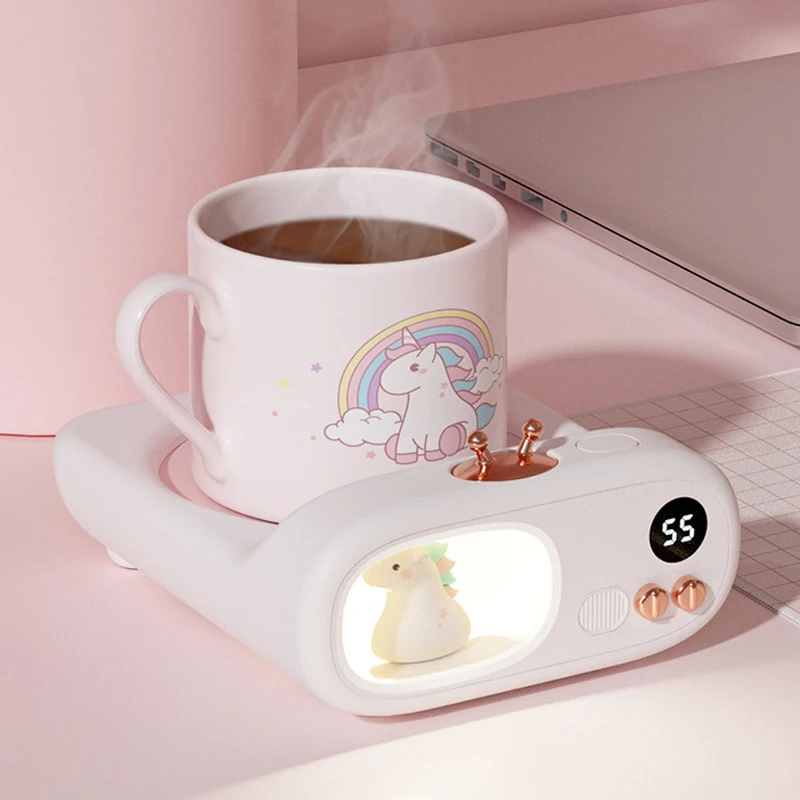 Lovely Coffee Mug Warmer Cup Heater Pad for Tea Milk Desk Heating Coaster 3 Temperature Adjustable Pet Led Display Night Lamp