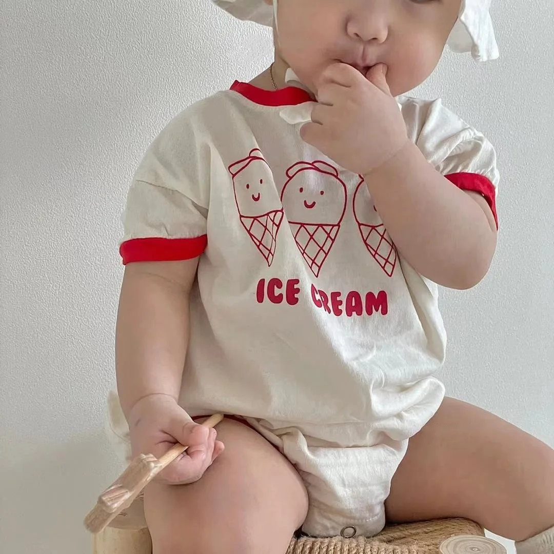 

Newborn Baby Girl Cute Bodysuit Ice-cream Short Sleeves Bodysuit Kid Boy Fashion T-shirt and Plaid Thin Cotton Shorts 2pc Set