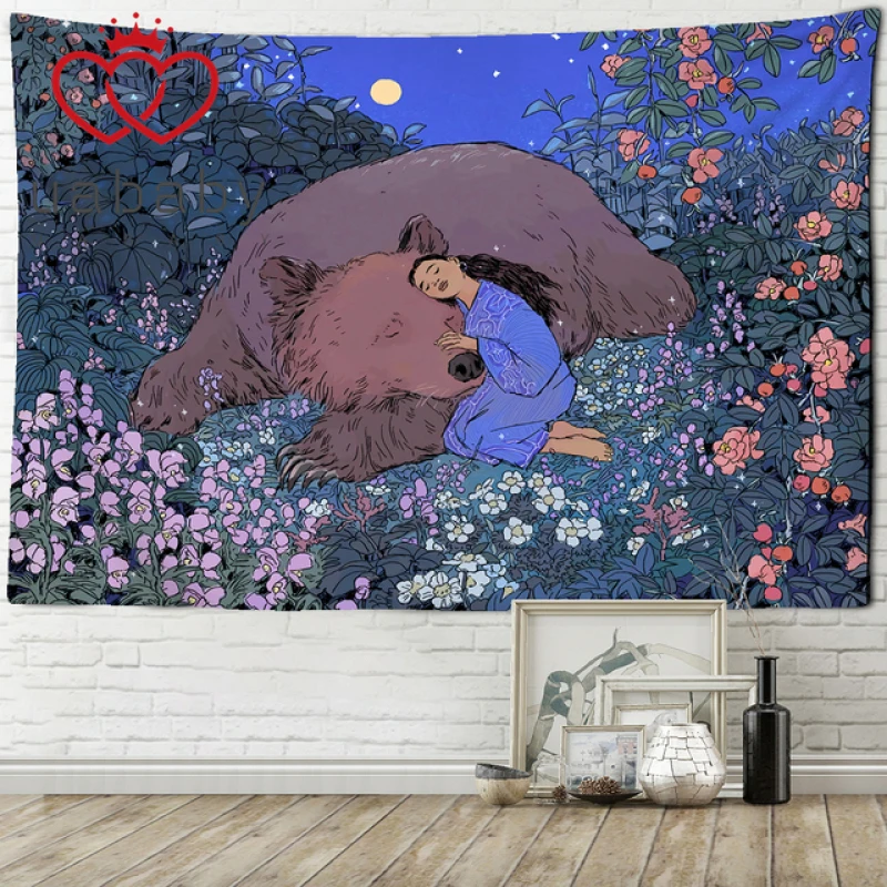 

Mysterious Forest Tapestry Wall Hanging Flowers Jungle Animal Moon Ocean Landscape Illustration Tapestry Home Room Decoration