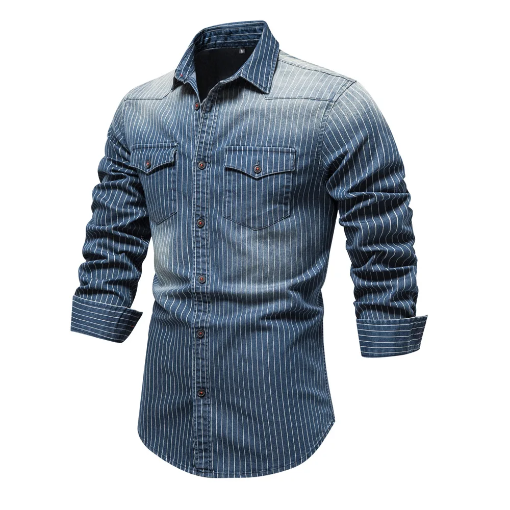 Eouw Fashion High Quality Cotton Industry Washed Distressed Striped Long Sleeve Denim Shirts Men Clothing Casual Streetwear