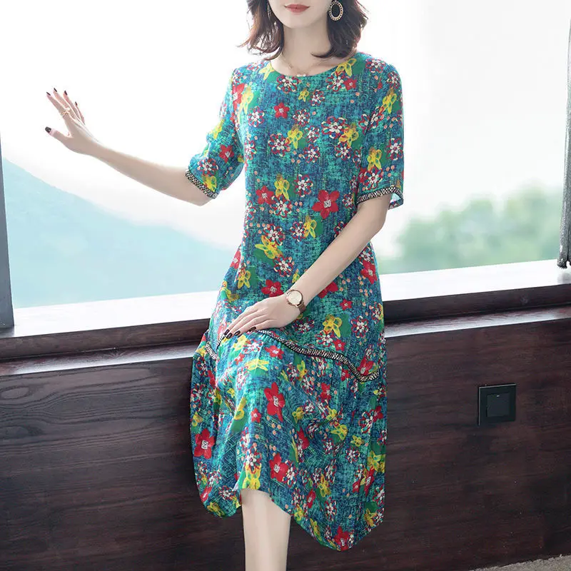 

Women 2022 Summer Print Mulberry Silk Midi Dress Female Casual Loose Floral 4XL Plus Size Sundress Elegant Party Vestidos O30