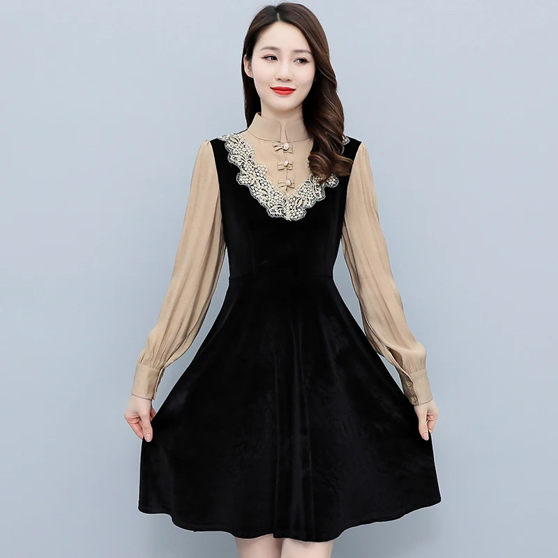 

Spring Women Chiffon Lanon Knee-length Vintage Dress Plus Size Lace Patchwork Stand Collar New Buttons Long Sleeve Dress Female