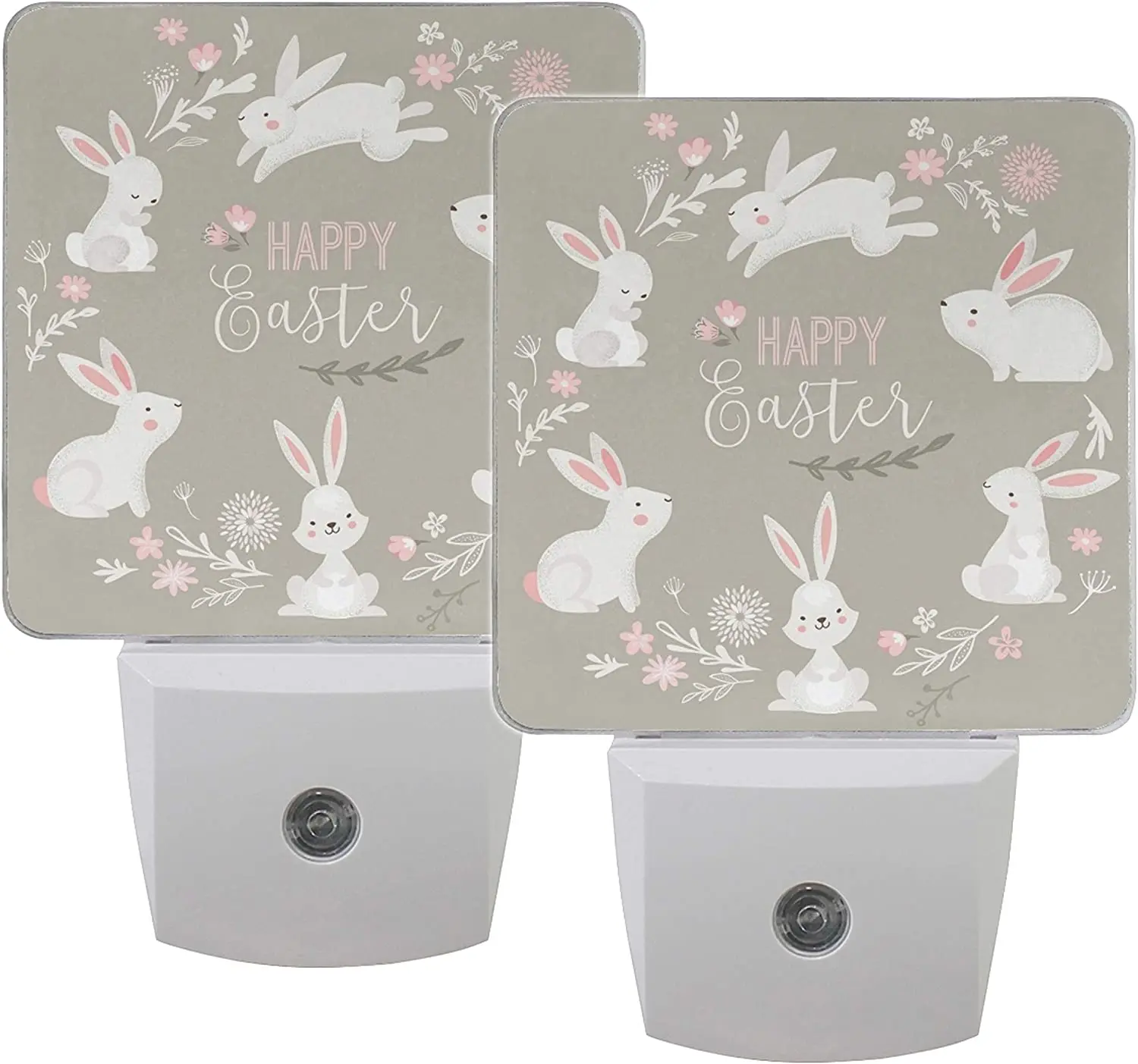 

Naanle Set of 2 Happy Easter Cute Bunny Circle Floral Flower Rabbit Auto Sensor LED Dusk to Dawn Night Light Plug in Indoor for