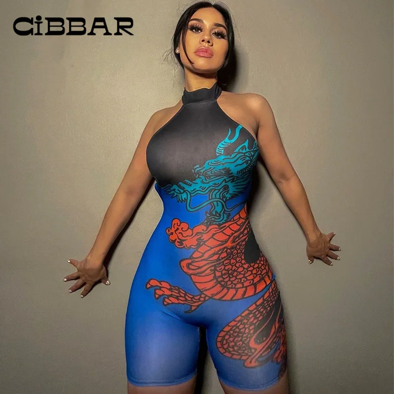 

CIBBAR Chinese Style Dragon Printing Playsuit Women Streetwear Lace-up Body Suit Sexy Halter Backless Sleeveless Shorts Jumpsuit