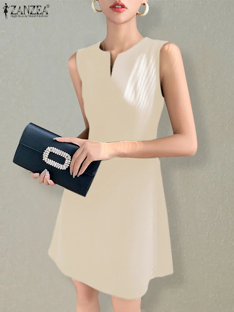

ZANZEA Elegant Solid Color Tank Dresses Women Sleeveless Mini Dress Fashion Summer V Neck Sundress Casual 2023 Patchwork Vestido