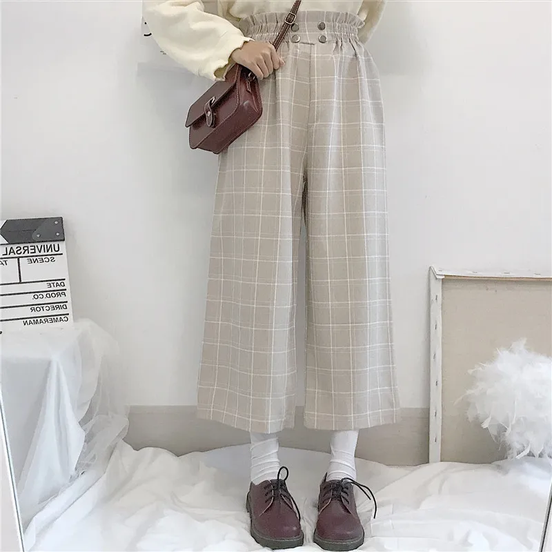 

Women Plaid Pants Korean Ankle-length Sweet Chic Female New Fashion Straight High Waist Harajuk All-match Loose Streetwear
