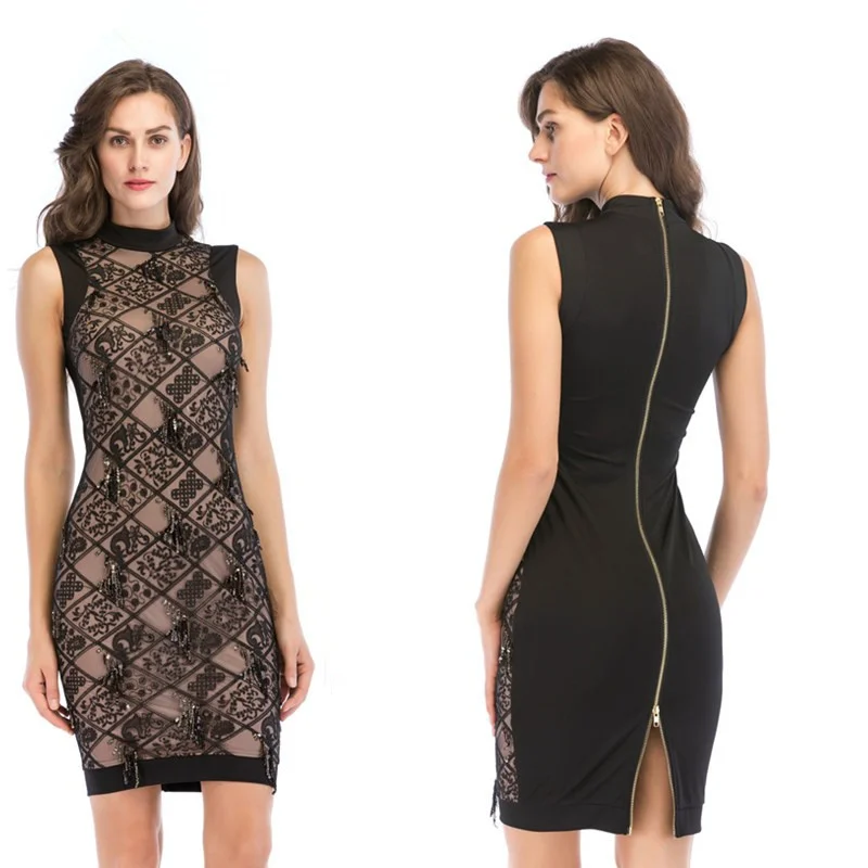 

2022 Women's Sleeveless High Neck Dress Summer Embroidered Tassel Sequin Dress New Product dress for women black dress