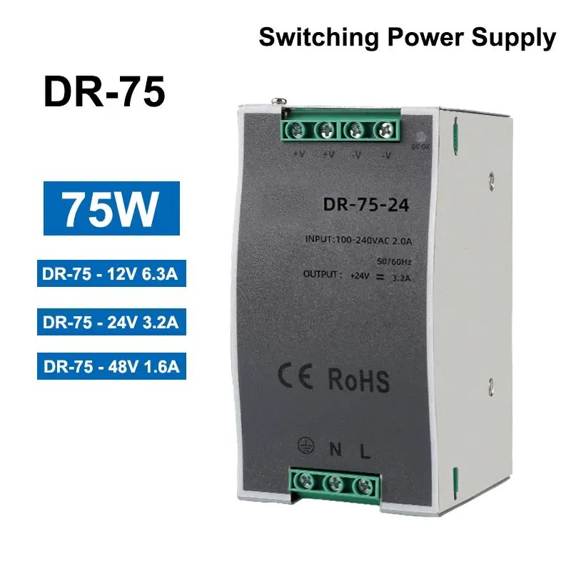 

DR 75W 12V 24V 48V DC Adjustabl Rail Type Small Volume Switching Power Supply Transformer Output Voltage 1.6A 3.2A 6.5A