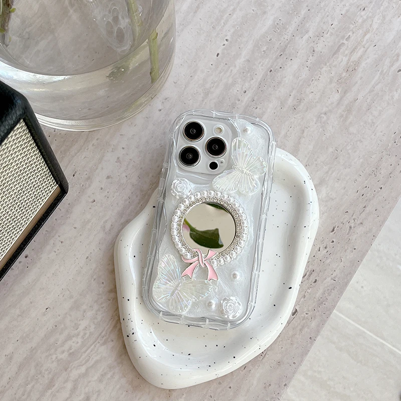 Корейский INS милый чехол для телефона с 3D бабочкой и жемчугом iphone 16 15 14 13 Pro 12 11 Max plus