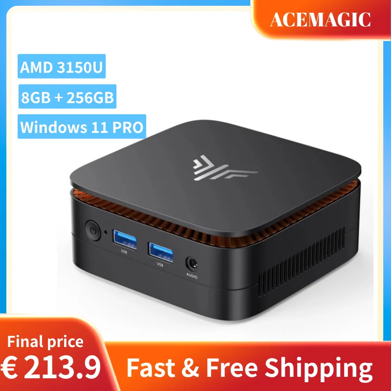 Фото Мини-ПК ACEMAGIC на базе AMD 3150U (2 ядра/4 потока, до 3.3 ГГц), 8 ГБ DDR4, 256 ГБ SSD, Windows 11 Pro, с двумя выходами 4K HDMI+DP, компактный настольный компьютер №1