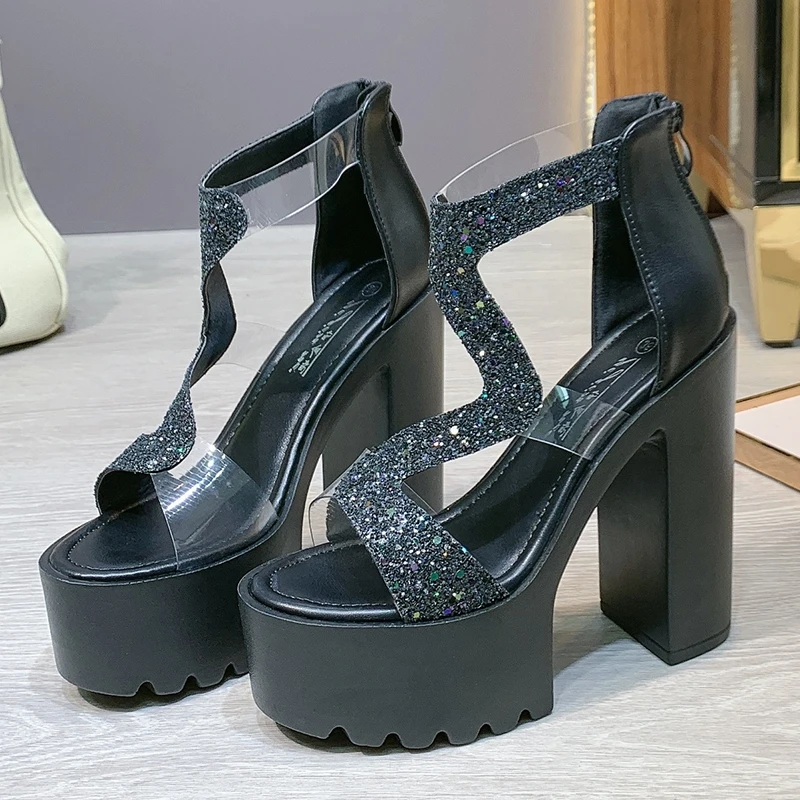 

2022 Summer Luxury Ladies Shiny Sandals For Women Shoes Comfortable Thick High Heels Woman Chunky Platform Sandal Female G0029