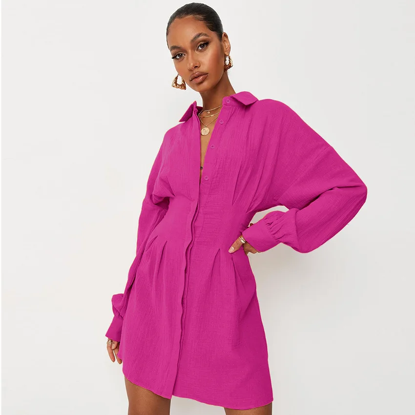 

2022 New Spring Rose Color Women Dress Cotton Linen Long Sleeve High Waist Slim Shirt Dresses Turn Down Collar Party Gowns