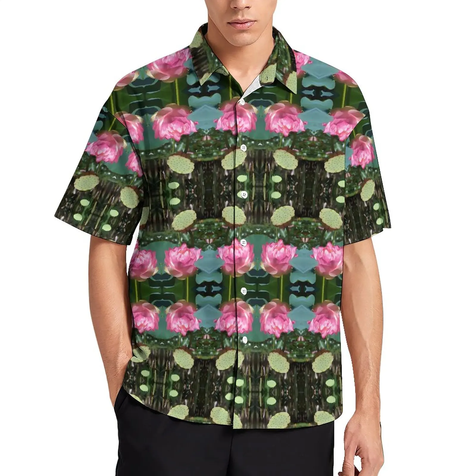 

Повседневная рубашка с принтом «водяная Лилия», розовая свободная гавайская рубашка с рисунком лотоса, модные блузки с короткими рукавами, топ оверсайз