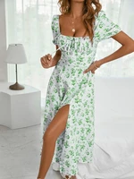 summer floral print dress high waist short sleeve woman clothes casual bohemian fashion slit dresses a line long dress robe