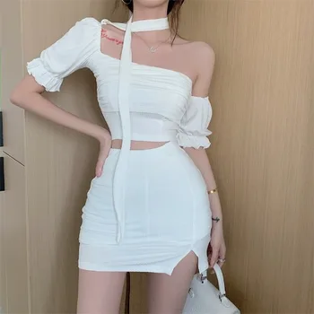 Kayotuas Women 2Pcs Korean Fashion Streetwear Summer Office Ladies One Shoulder Vintage Clothes 90s Ruffles Crop Top+Split Skirt 1