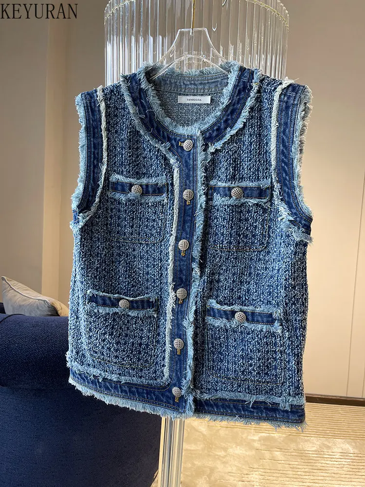 

Spring Summer Sleeveless Denim Vest Women Korean Fashion Street Style Casual Blue O-neck Loose Single Breasted Waistcoat Y2K Top