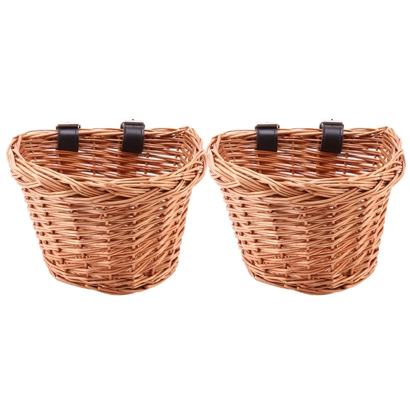 

2X Retro,Handmade,Wicker Bicycle Front Basket With Leather Straps ,Fashion Children's Bicycle Front Basket