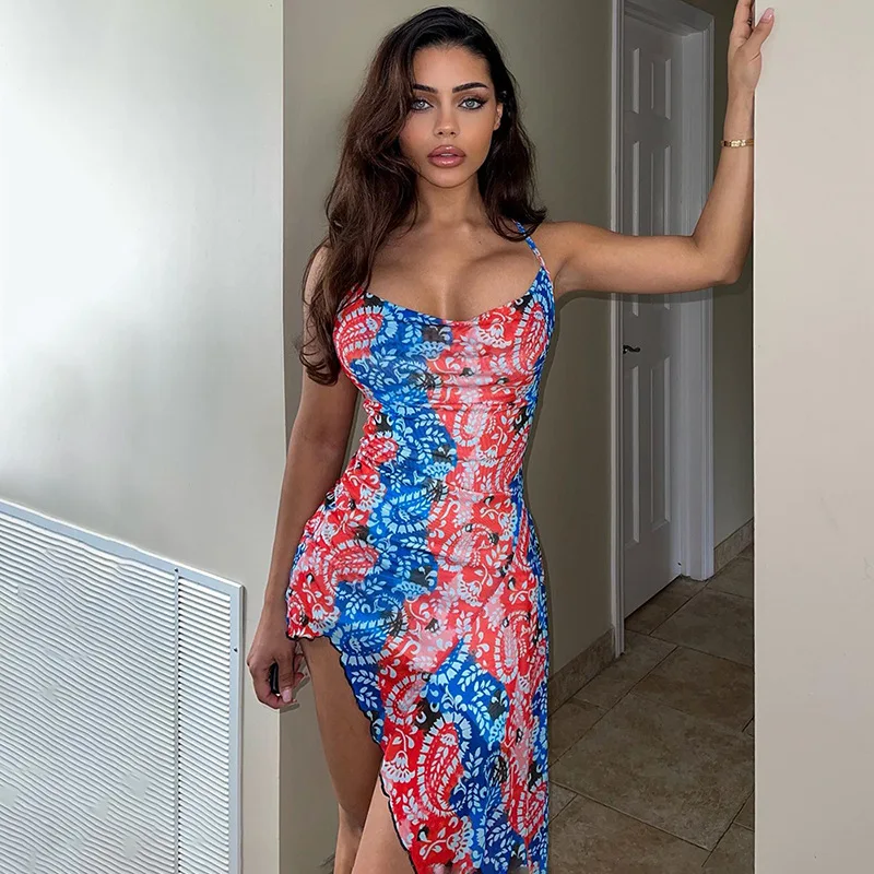 

Sexy Straps Printed Bodycon Midi Dress Women Sleeveless Irregular Beach Party Club One Piece Dresses Female Streetwear Vestidos