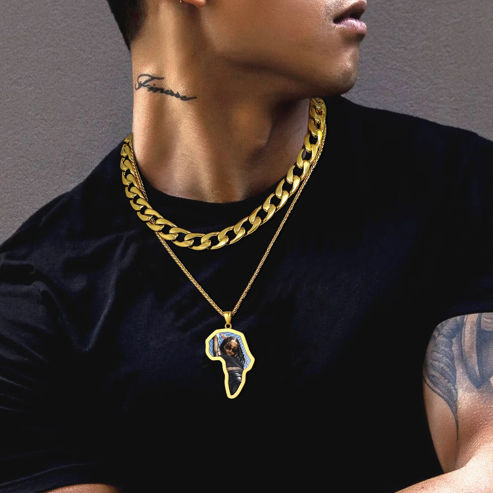 U7 Stainless Steel Personalized Photo Africa Map Necklace Custom Laser Engraving Back 20''+2''Link Chain Hip Hop Unisex Jewelry