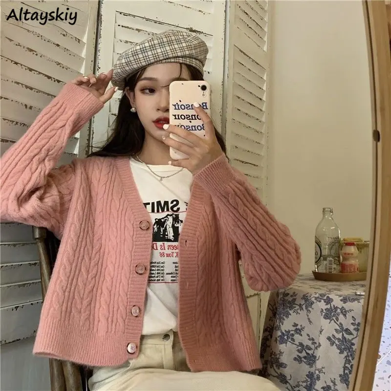 

Cropped Sweaters Women Lovely Elegant Trendy Ulzzang Soft Femme Cardigans All-match Retro V-neck Chic Pure Daily Womens Knitwear