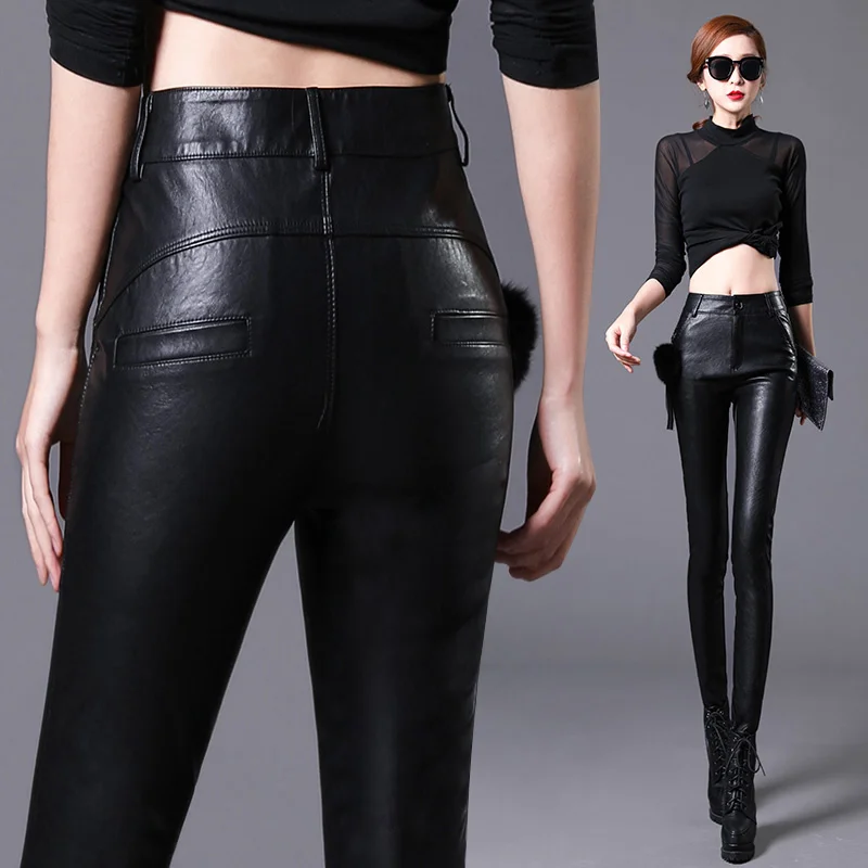 

outer 2023 wear leggings women's tight matte PU leather pants high waist slimming feet velvet thickening pant KZ525