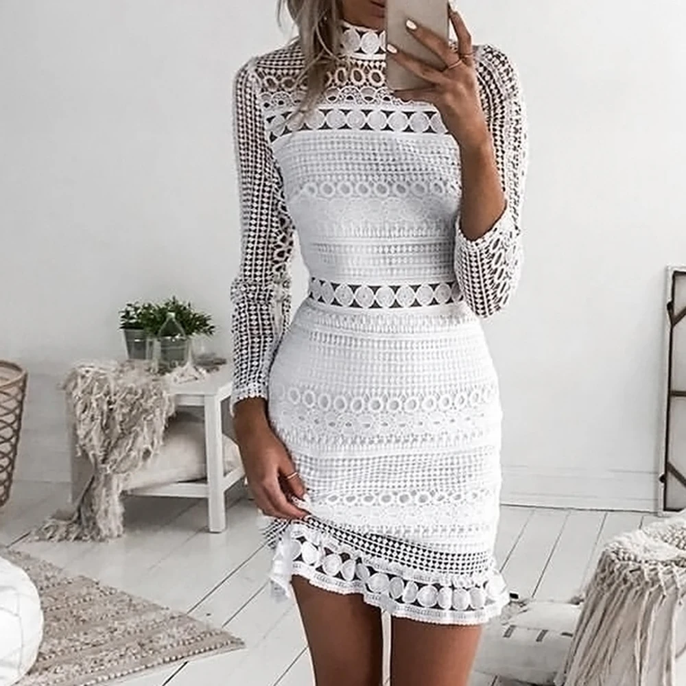 

Summer Women Sexy White Lace Stitching Hollowout Party Knee Length Skirt Elegant Mini High Neck Package Hip Casual Dress