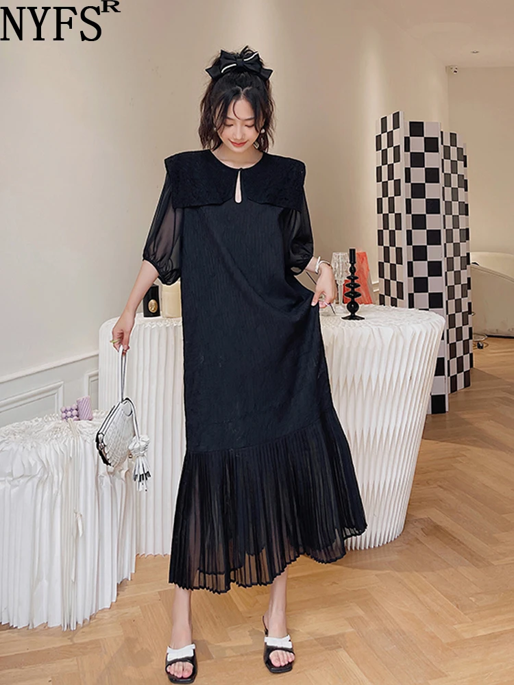 

Женское платье с кружевным воротником, Свободное длинное платье в Корейском стиле, составного кроя, в стиле пэчворк, из тенсела, лето 2023