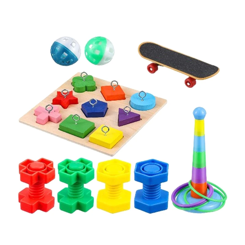 

9Pcs Bird Training Toy Set Wooden Block Puzzle Toy Ring Toy Skateboard Nuts Bolt