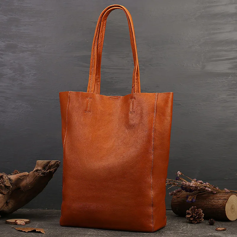 

EUMOAN New leather bag for women simple fashion Tote bag head layer cowhide commuter hand Bill of lading shoulder bag large cap
