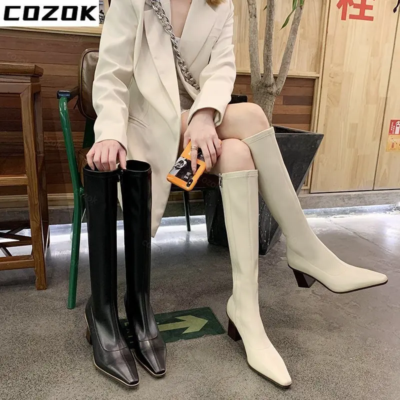 Women High Heels Boots Woman Pointed Toe Stilettos Heels Knee High Boots Sexy Ladies Rivet Retro Pumps 2022 New Botas Femininas