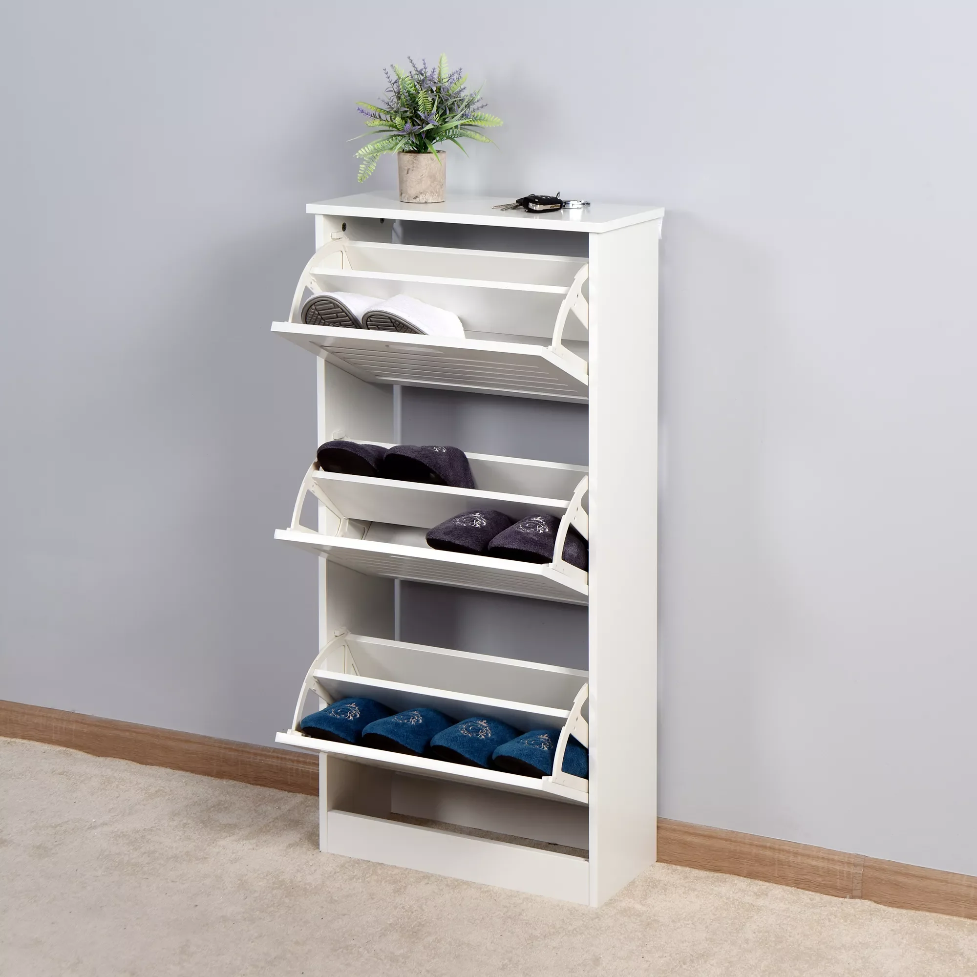 

Wooden Shoe Cabinet for Entryway White Shoe Storage Rack with 3 Flip Doors 20.94x9.45x43.11 Inch[US-W]