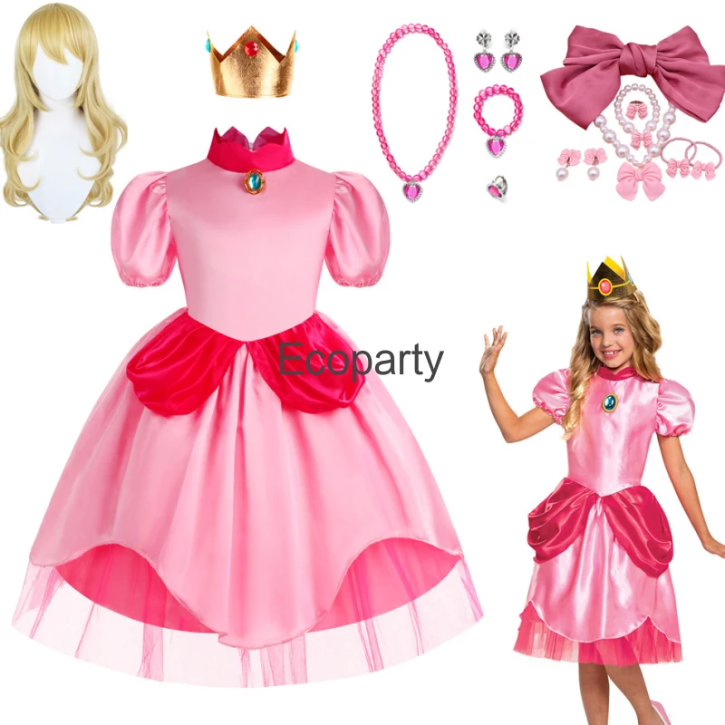 

Children Halloween Peach Princess Cosplay Costume Kids Pink Lovely Short Sleeve Dress Girls Birthday Carnival Party Fancy Outfit