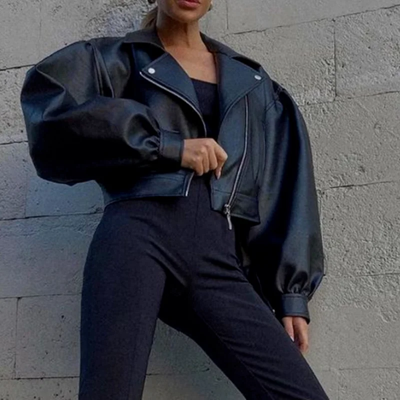 Autumn Faux PU Leather Black Puff Sleeve Blazer Jacket Casual Zipper Top Short Jacket Women's Lapel Black Motorcycle Jacket