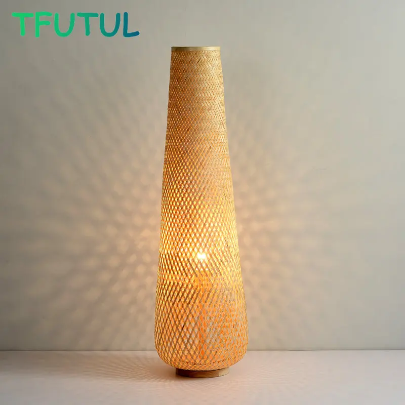 

Retro Hand Bamboo Weaving Led Floor Lamps Wood Cylinder Standing Lights for Living Room Bedroom Beside Light Home Decoration