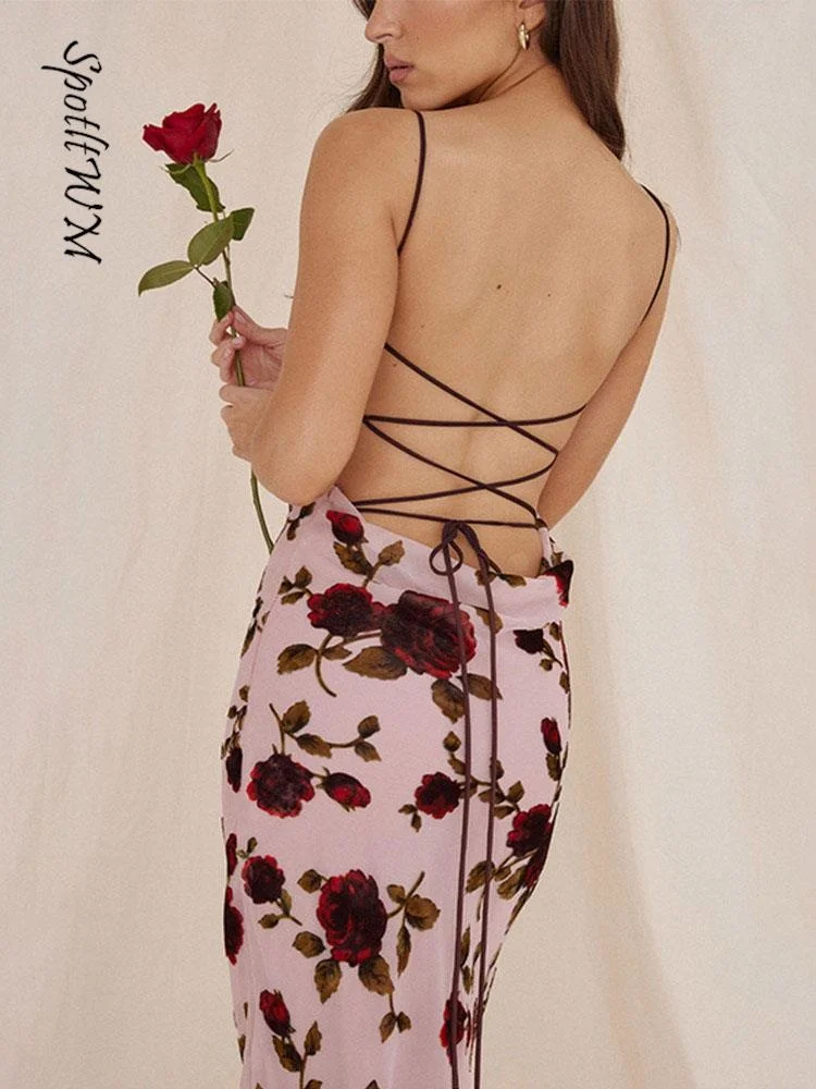 

Женское платье на бретелях-спагетти, с открытой спиной и принтом роз